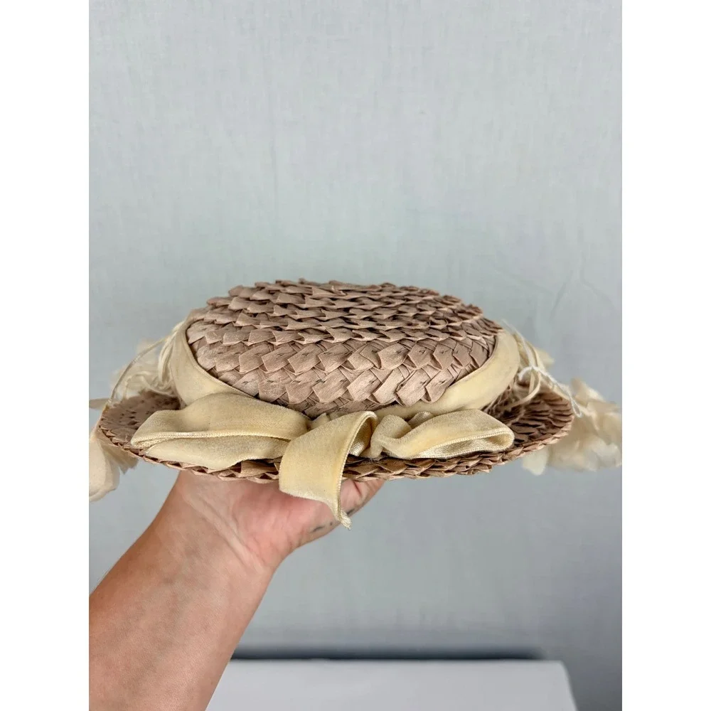 Jo Bailey Vintage Straw Pillbox Hat Velvet Bow Floral Tassels Tan Women